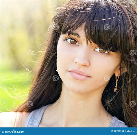 Closeup Portrait Of Pretty Tender Beautiful Young Female Face Stock