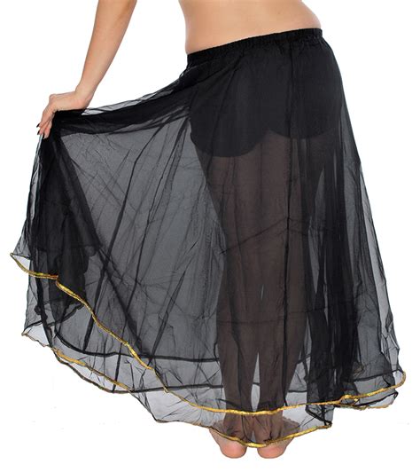 2 Layer Black Chiffon Belly Dance Skirt With Gold Trim