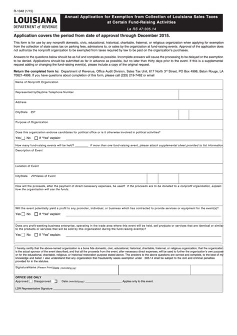 Fillable Form R 1048 Annual Application For Exemption From Collection