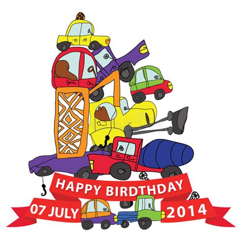 Happy Birthdaychilds Hand Draw Carsfunny Doodle Composition Stock