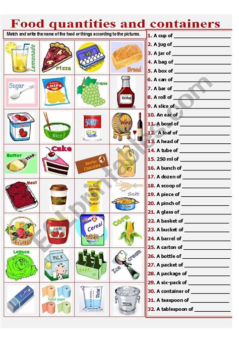 Food Quantities And Containers Esl Worksheet By Sunshinenikki