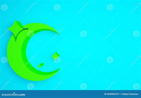 Green Moon And Stars Icon Isolated On Blue Background Minimalism