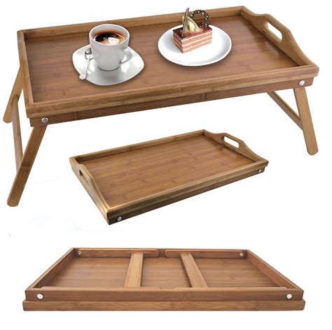 Folding Bamboo Wooden Breakfast Serving Lap Tray Over Bed Table With