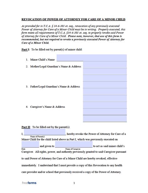 Free Tennessee Minor Child Power Of Attorney Form Pdf Word