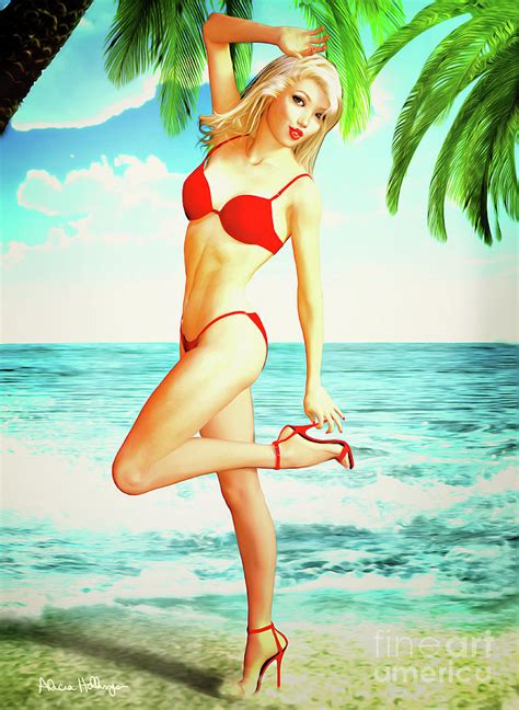Pin Up Beach Blonde In Red Bikini Digital Art By Alicia Hollinger Pixels