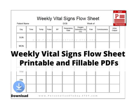 Now In Our Etsy Shop Printable Weekly Vital Signs Flow Sheet Pdf