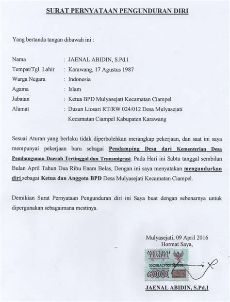 Surat pengunduran diri bendahara desa; Contoh Surat Pernyataan Pengunduran Diri Dari Anggota Bpd ...