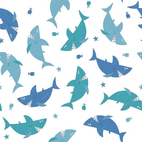 Premium Vector Seamless Pattern With Cartoon Sharks And Fish Vector