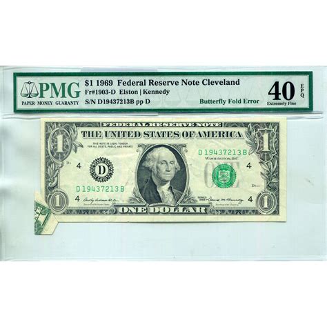 1969 1 Federal Reserve Note Error Butterfly Fold Xf40 Pmg Golden