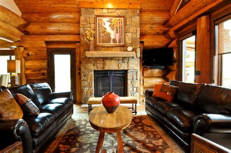 Western Red Cedar Ranch Style Log Home Rustic Living Room Denver