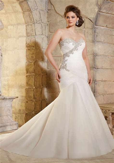 Trumpet Strapless Ruched Tulle Crystals Beaded Plus Size Wedding Dress