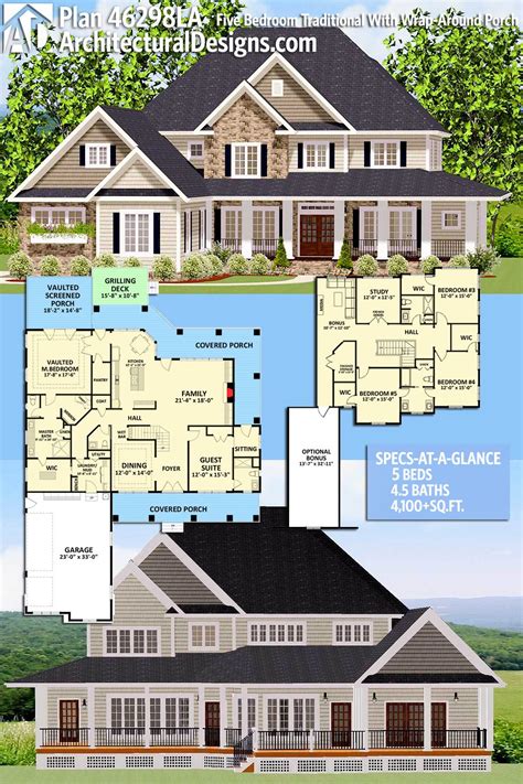 New home floor plans, cottage, craftsman, bungalow and energy efficient with a welcoming 620 sq. Plan 46298LA: Five Bedroom Traditional With Wrap-Around ...