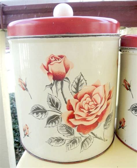 Vintage Tin Canister Set Red Rose 1940s Colorware