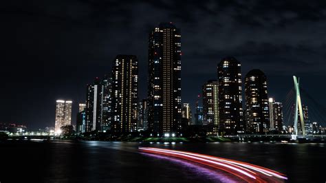 Wallpaper Night City Buildings Architecture Lights Dark Coast Hd