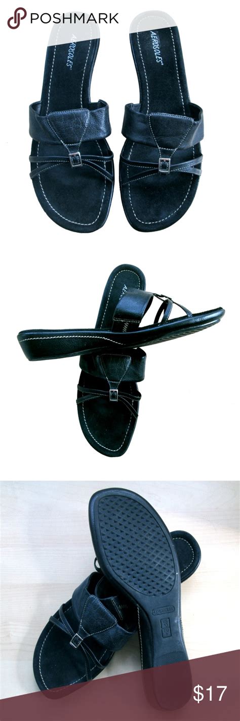 Aerosoles Black Leather Slide Sandals Size 10 Leather Slides