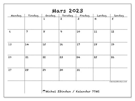 Kalender For Mars 2023 For Utskrift “77ms” Michel Zbinden No