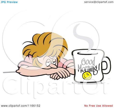 Cartoon Of A Tired Woman Glaring At A Good Morning Coffee
