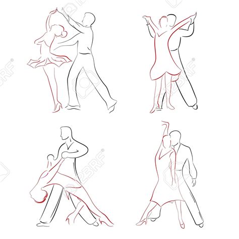Four Pairs Of Ballroom Dancers In Vaus Poses Sketches Drawn