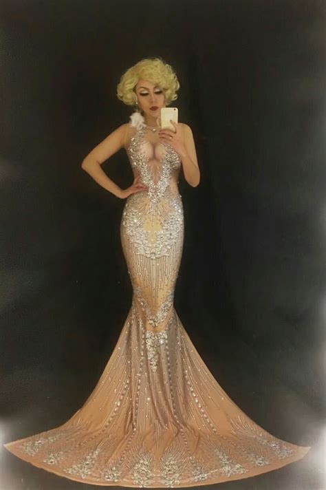 Shining Diamond Nude Sexy Long Dress Female Nightclub Full Crystal Pack
