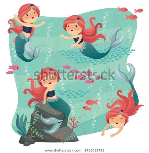 Cute Little Mermaids Red Hair Fish Stock Vector Royalty Free
