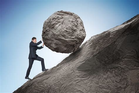Sisyphus Metaphore Young Businessman Pushing Heavy Stone Boulder Up On