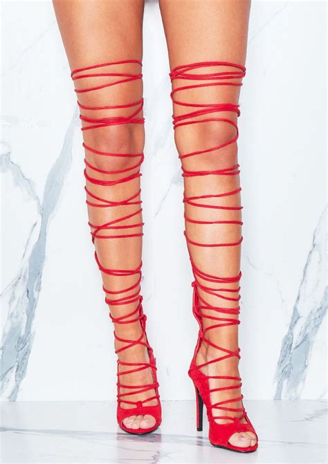 Red Strappy Thigh High Heels Lace Up Heels Thigh High Heels Fashion