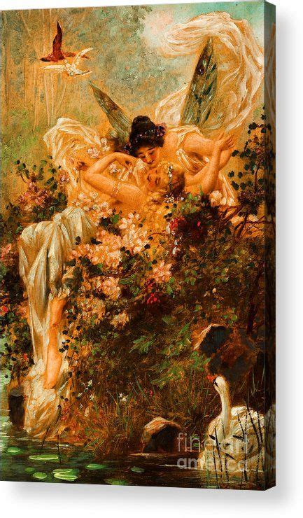 Swan Acrylic Print Featuring The Painting Two Fairies Embracing With A