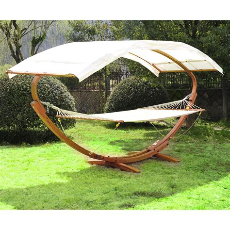 Hammock, frame, and canopy cover. Patio Outdoor Curved Arc Double Hammock Stand Wooden Bed ...