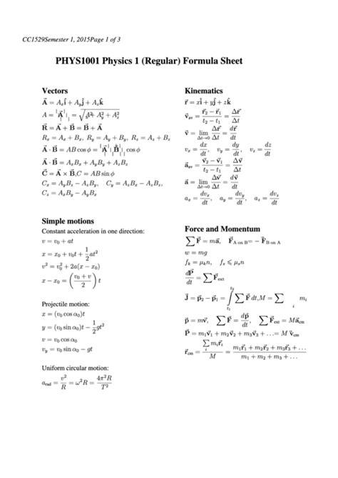 Phys1001 Physics 1 Regular Formula Sheet Printable Pdf Download