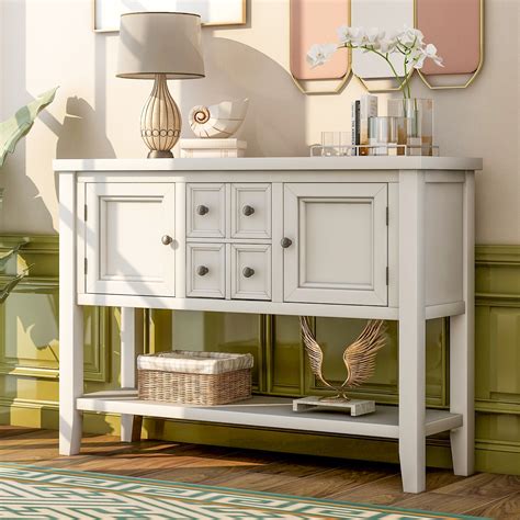 A console with shelves creates additional space for find your batches of keys in a bowl or box placed in the console table, and keep necessary things organized thanks to its drawers and shelves. Console Table Buffet Sideboard Sofa Table with Four ...