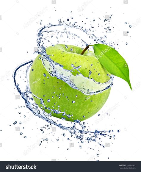 Green Apple With Water Splash Isolated On White Background Stock Photo