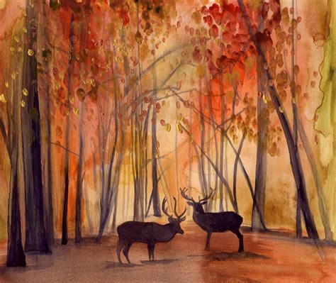 Autumn Landscape Print Illustration Deer Forest