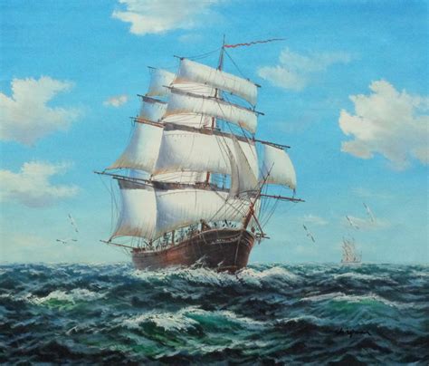 Big Fully Rigged Masted Ship Sailing On The Ocean Oil Painting Boat Classic 20 X 24 Inches
