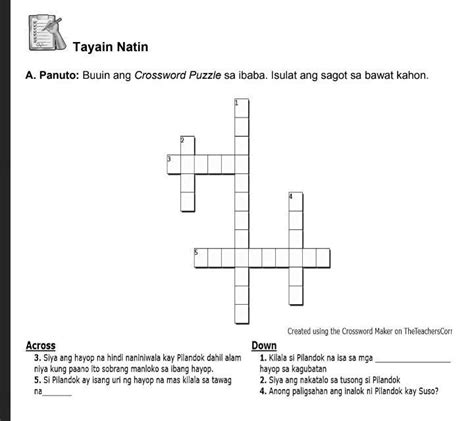 A Panuto Buuin Ang Crossword Puzzle Sa Ibaba Isulat Ang Sagot Sa Bawat