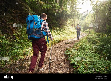 Two Hikers Walking Along A Trail Deep In The Forest Stock Photo Alamy