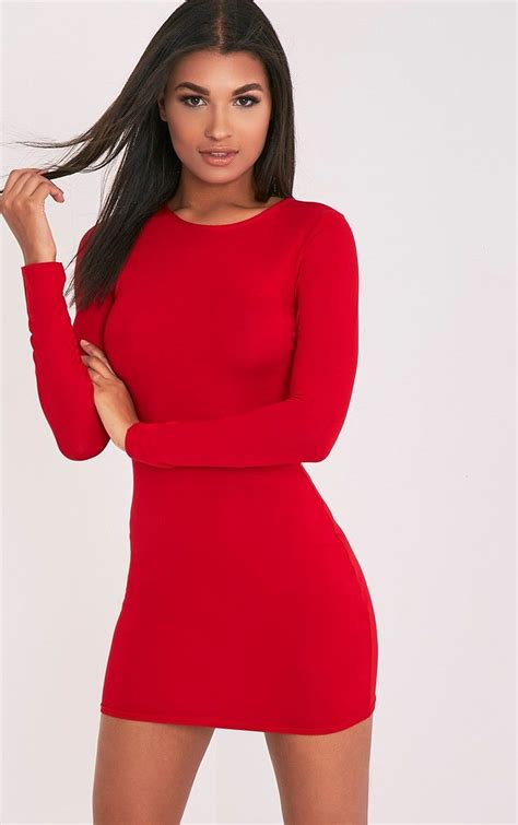 Amerie Red Jersey Long Sleeve Bodycon Dress Vestidos Cortos Para