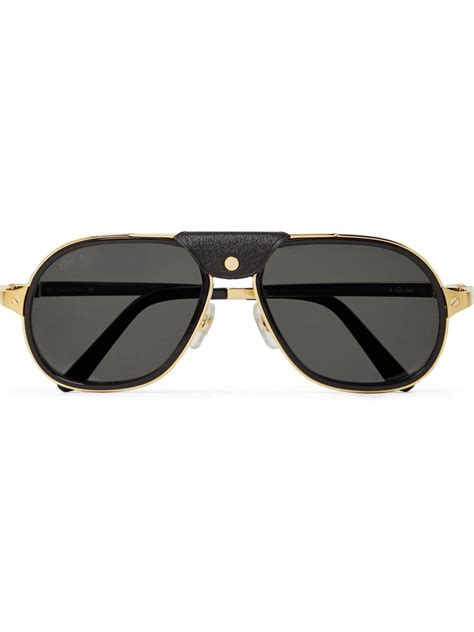 Cartier Eyewear Aviator Style Leather Trimmed Gold Tone And Acetate Sunglasses Cartier