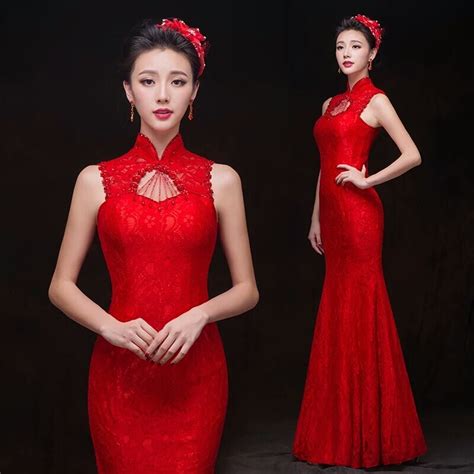 Hot Sale 2016 Red Lace Long Qipao Cheongsam Oriental Evening Gowns Sexy