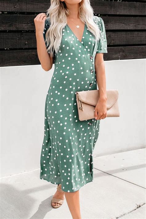 Green Polka Dot Button Down Aside Midi Dress Midi Dress Midi Dresses
