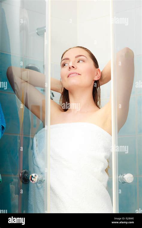 Girl Showering In Shower Cabin Cubicle Enclosure Young Woman With White Towel Taking Care Of