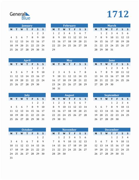 1712 Calendar With Monday Start