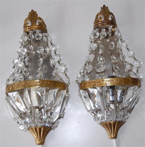 Pair French Vintage Bronze And Crystal 1 Light Wall Sconces