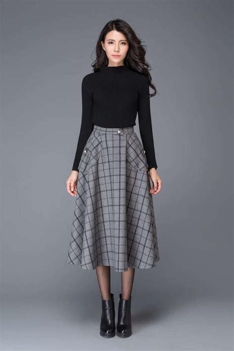 Plaid Skirt Gray Skirts Wool Skirt Midi Skirt Womens Skirts Skirt