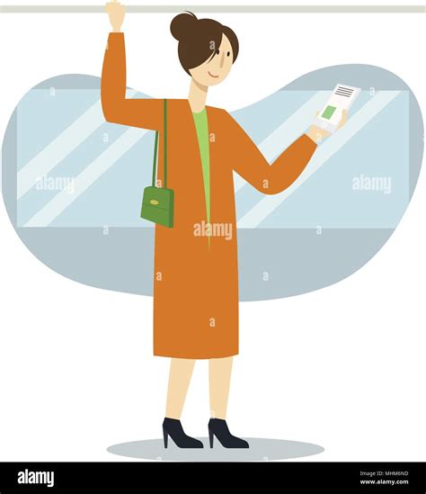 Woman Character Using Smartphone In Public Transport Vector Flat