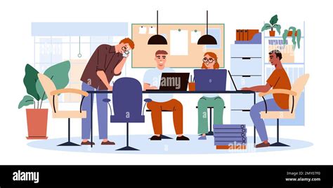 Office Flat Concept With Employees Sitting At Work Table Vector