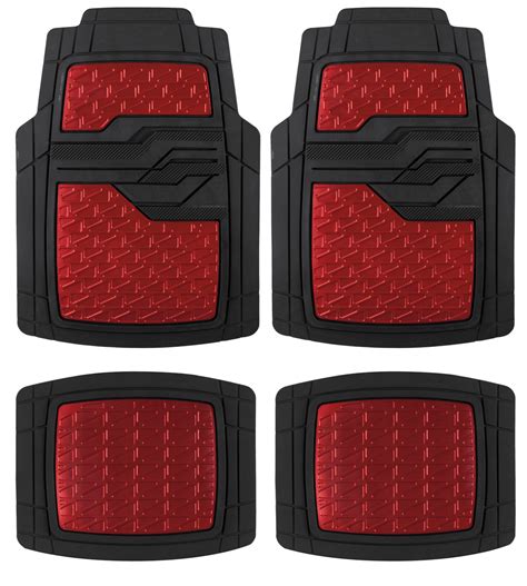 Auto Drive 4pc Rubber Floor Mats Metallic Plate Red Universal Fit