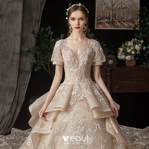 Victorian Style Champagne Wedding Dresses 2020 Ball Gown V Neck Puffy