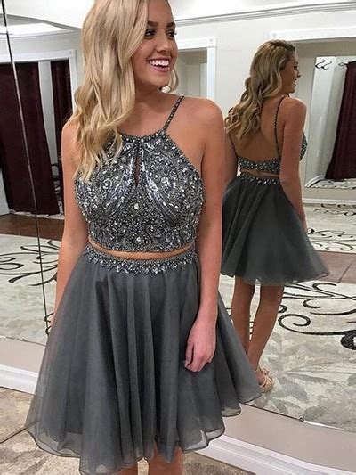 Two Piece Halter Gray Short Homecoming Dresses With Beading