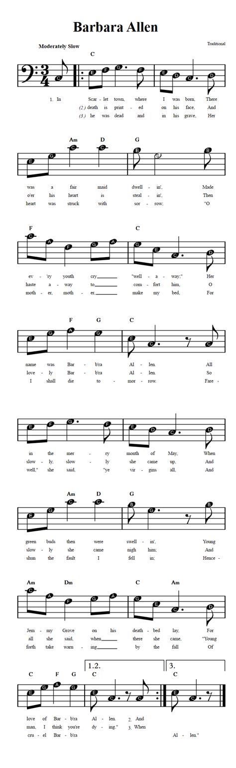 Whether you want to read bass sheet music, or learn how to read bass tabs. Barbara Allen: Beginner Bass Clef Sheet Music with Chords and Lyrics