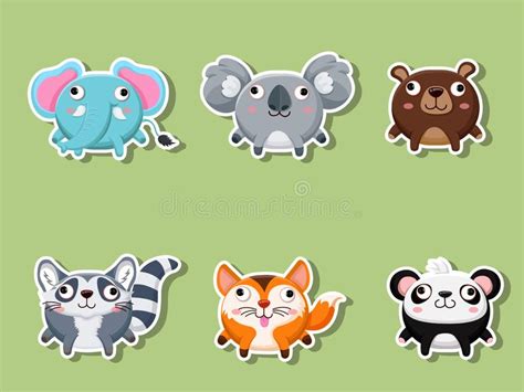Cute Cartoon Animals Sticker Collection Vector Illustration With
